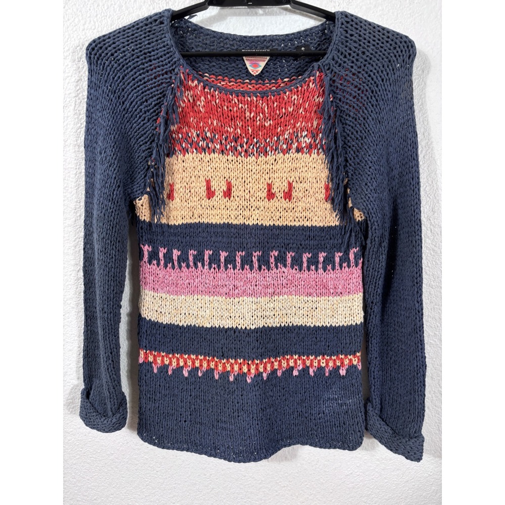 Maison Scotch Sweater Womens 3 Blue Fringe Open Knit Boho Southwestern